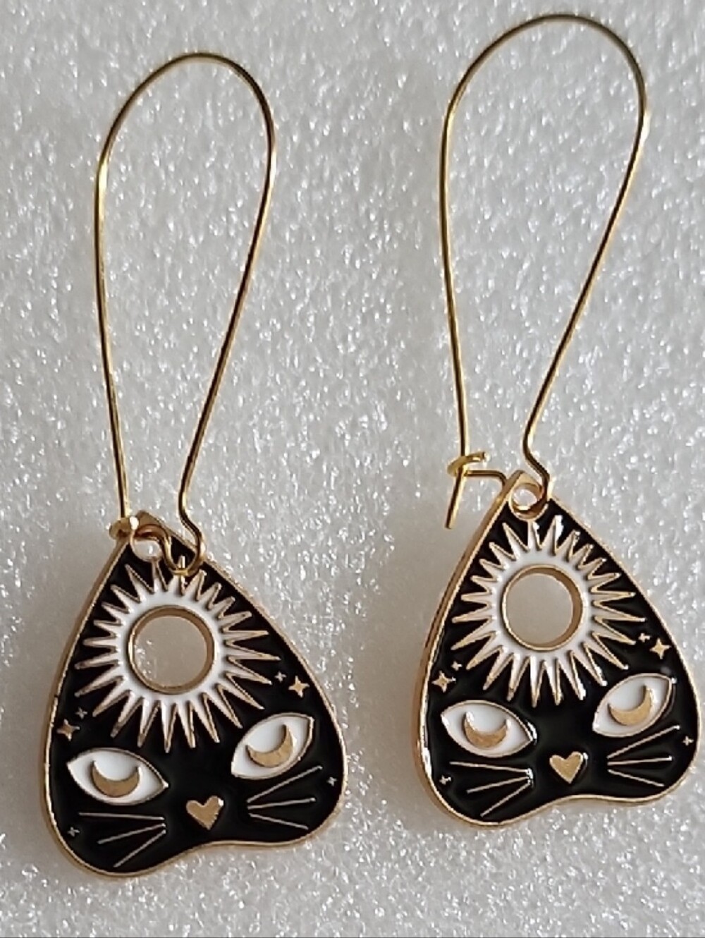 Hand Crafted Black and Gold Mystical Cat Sun Earrings